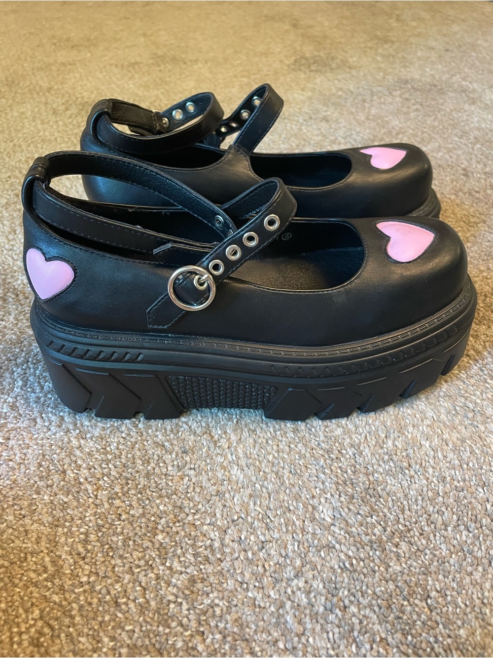Black Platform Mary Jane Shoes W/Pink Heart Accent - EU 38 Goth, Kawaii/Coquette